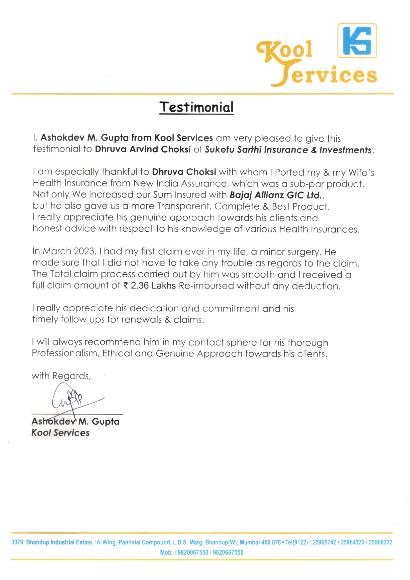 Testimonial letter from Ashokdev M. Gupta, Kool Services